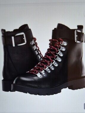 Charles David Women's Black Resistance Leather Lace-Up Combat Boots W/Red Laces.